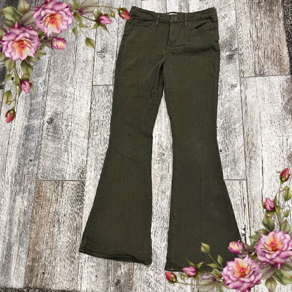 Military green color flared high rise jeans
